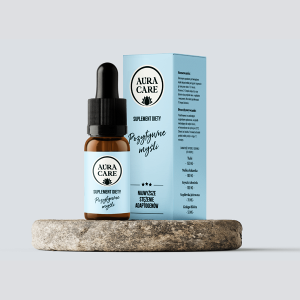 <b>Pozytywne myśli</b></br>  Tulsi (Święta bazylia), Szyszki chmielu, Lion’s mane (Soplówka jeżowata), Ginkgo biloba, Melisa lekarska</br><small>  Adaptogeny Aura Care | 9200 mg</small>