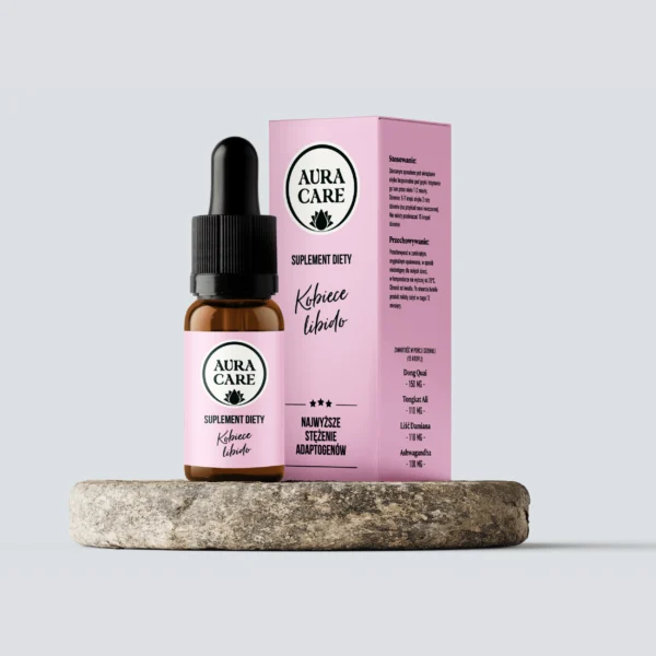 <b>Kobiece libido</b><br> Dong quai (Dzięgiel chiński), Liść Damiana, Ashwagandha<br><small> Adaptogeny Aura Care | 9400 mg</small>