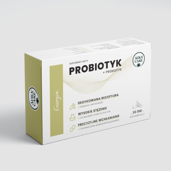 <b>Energia</b><br> Probiotyk + prebiotyk, żywe probiotyki<br><small> Probiotyki Aura Care | 32 miliardy CFU</small>