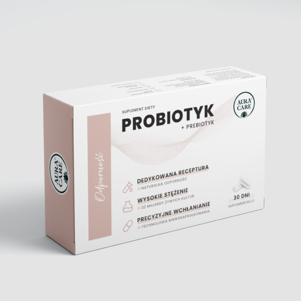 <b>Odporność</b><br> Probiotyk + prebiotyk, żywe probiotyki<br><small> Probiotyki Aura Care | 32 miliardy CFU</small>