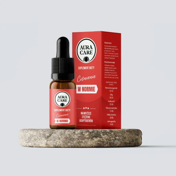 <b>w Normie - Ciśnienie</b><br> Pokrzywa indyjska, Głóg, Ashwagandha, Rdestowiec japoński, Serdecznik, Melisa lekarska<br><small> Adaptogeny Aura Care | 9400 mg</small>