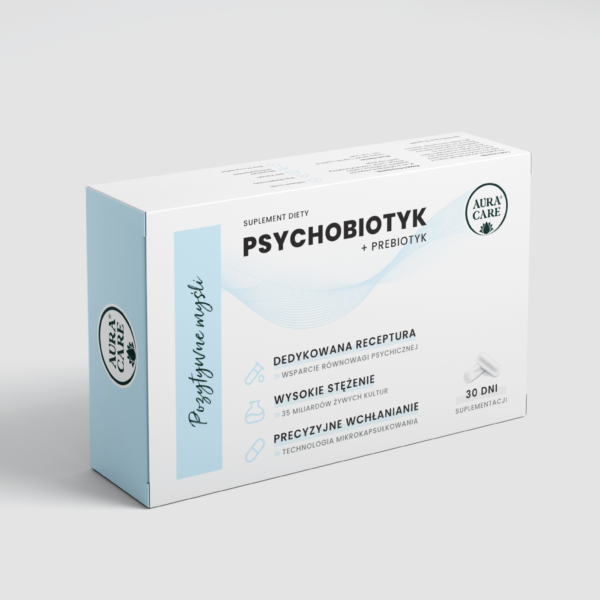 <b>Pozytywne myśli</b><br> Psychobiotyk + prebiotyk, żywe probiotyki<br><small> Probiotyki Aura Care | 35 miliardy CFU</small>