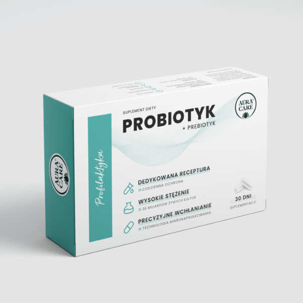 <b>Profilaktyka</b><br> Probiotyk + prebiotyk, żywe probiotyki<br><small> Probiotyki Aura Care | 36 miliardy CFU</small>