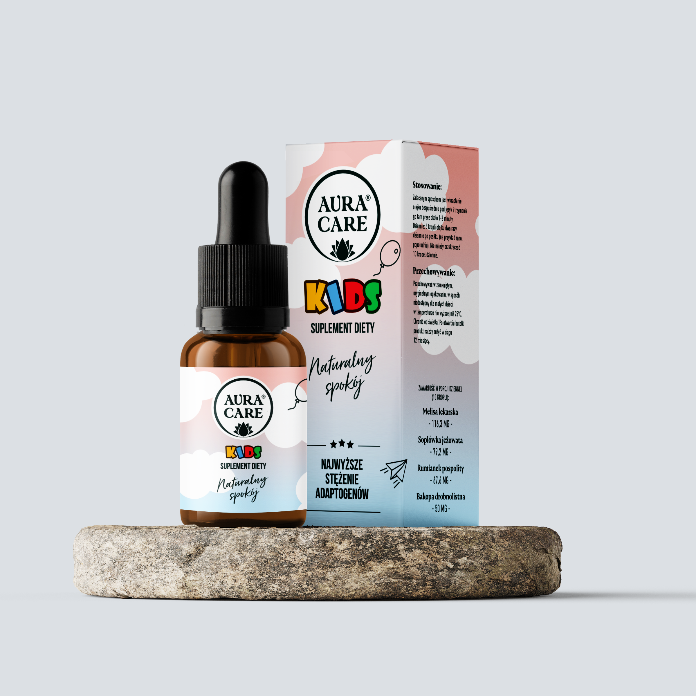 Naturalny spokój dla dzieci Melisa lekarska, Bakopa drobnolistna, Rumianek pospolity, Soplówka jeżowata Adaptogeny Aura Care KIDS | 15 ml