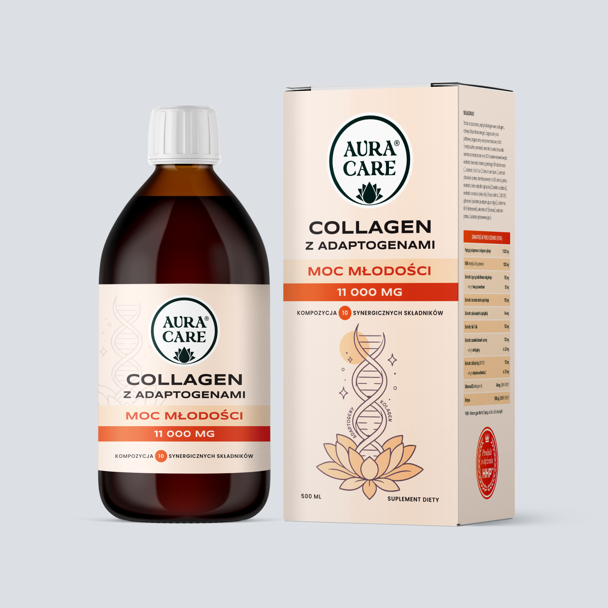 Kolagen Moc Młodości - HHP™ & AQS™ 11 000 mg Kolagenu, Kompozycja 10 synergicznych składników Kolageny Aura Care | 500ml