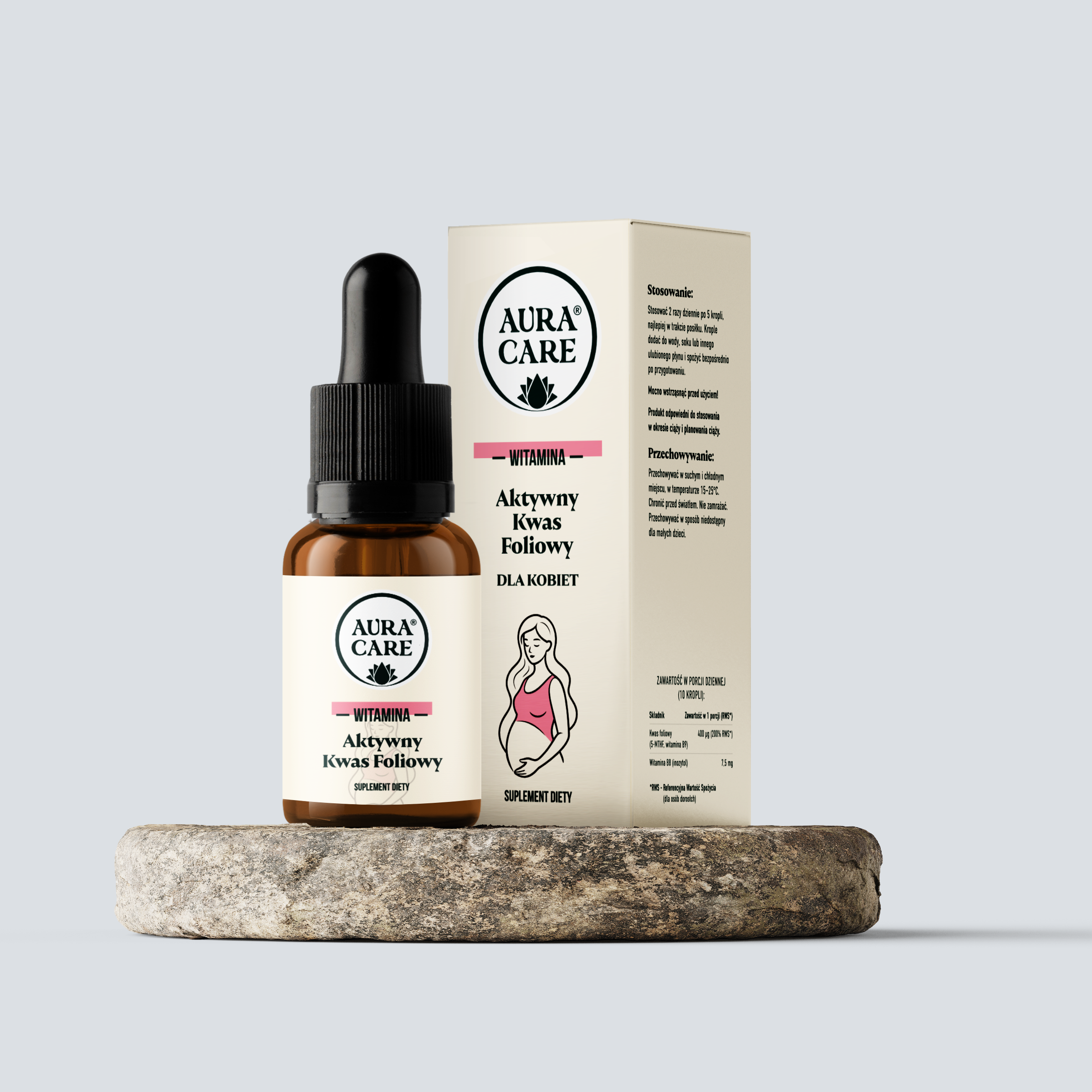 Aktywny Kwas Foliowy dla kobiet Kwas foliowy + Inozytol Witaminy Aura Care | 15 ml