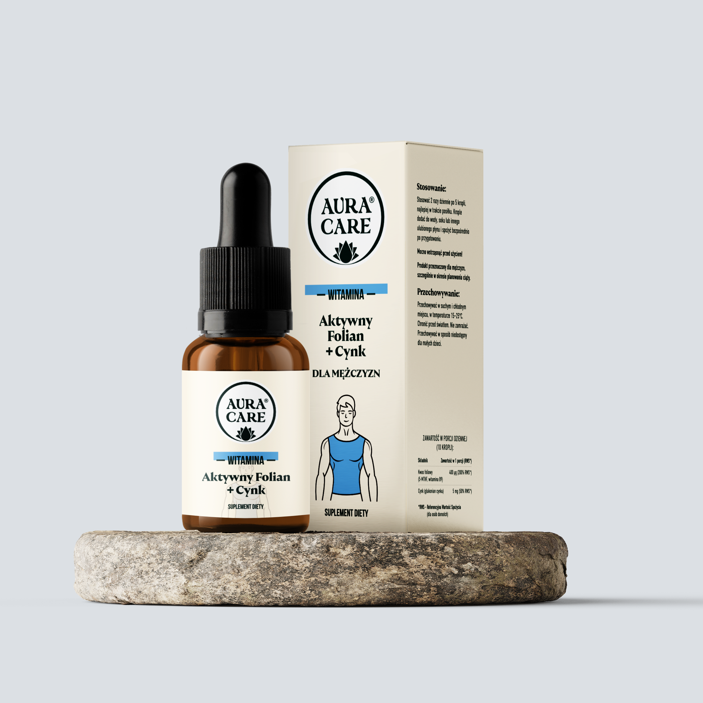 Aktywny Folian + Cynk dla mężczyzn Kwas foliowy (5-MTHF, witamina B9), Cynk (glukonian cynku) Witaminy Aura Care | 15 ml