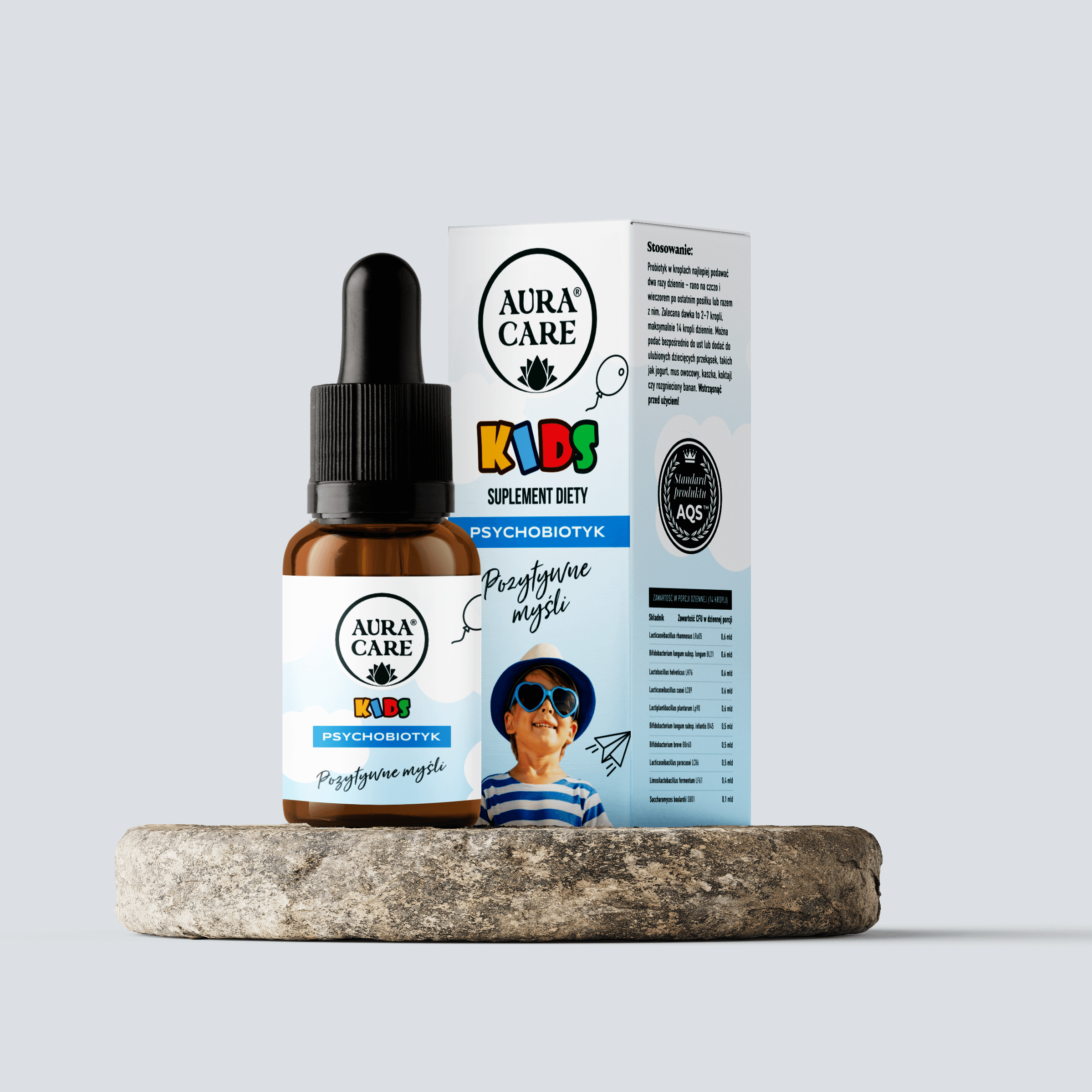 Psychobiotyk dla dzieci Pozytywne Myśli AQS™ 10 szczepów, wsparcie osi jelito-mózg i wyciszenia w kroplach Psychobiotyk Aura Care KIDS | 15ml