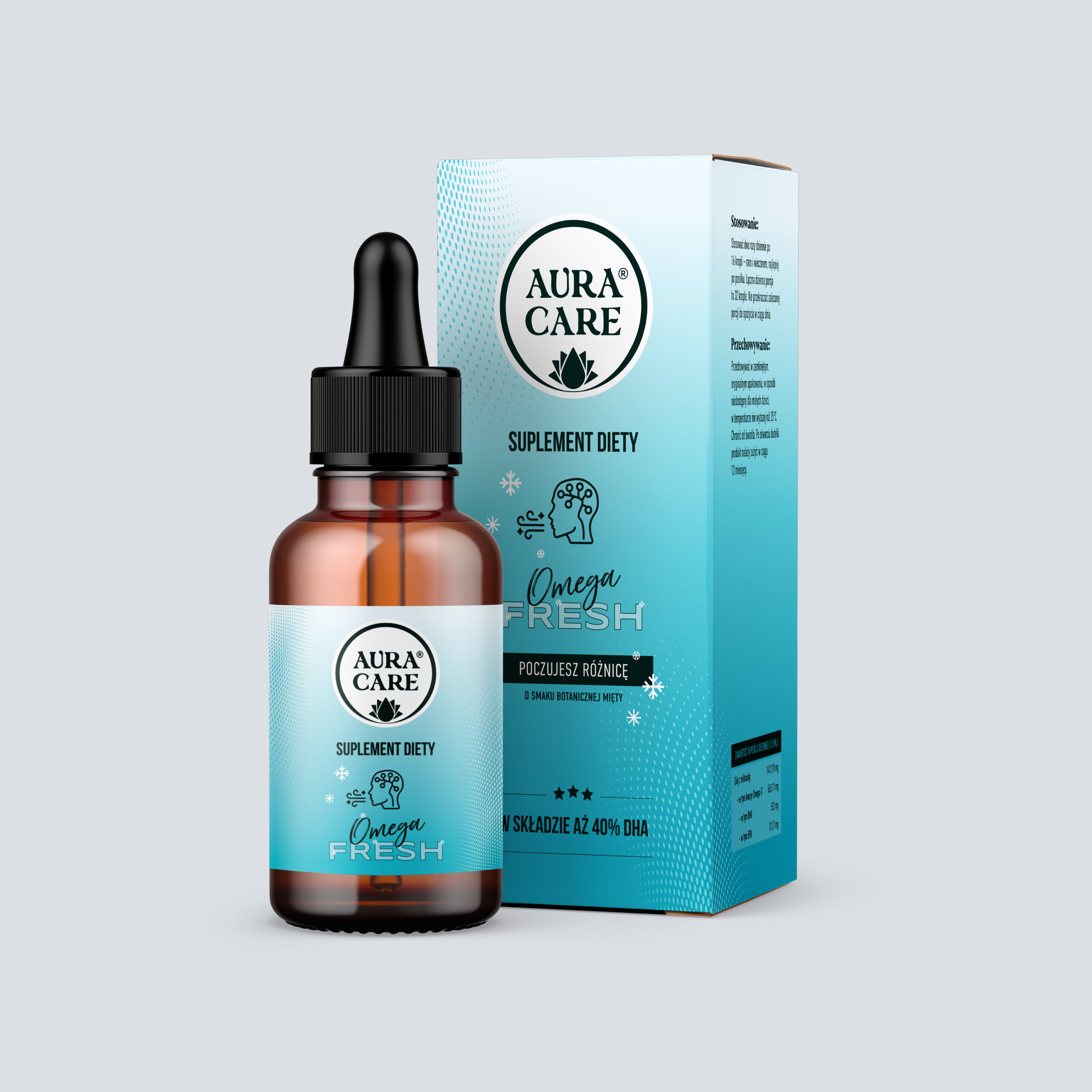 Omega FRESH Omega-3 (EPA, 40% DHA, Mięta lekarska) Kwasy Omega-3 Aura Care | 50ml