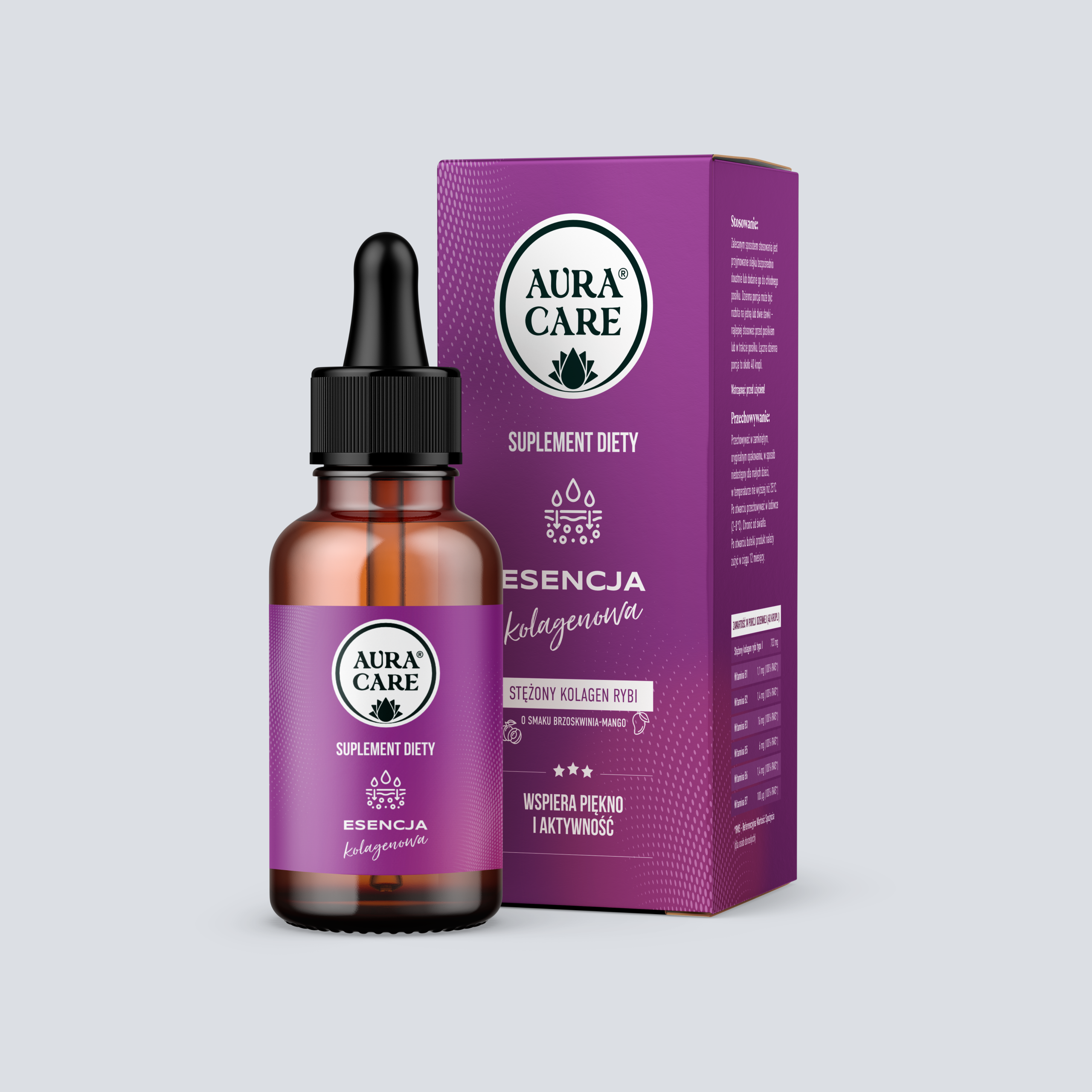 Esencja Kolagenowa Kolagen rybi, Witamina B1, Witamina B2, Witamina B3, Witamina B5, Witamina B6, Witamina B7 Kolagen Aura Care