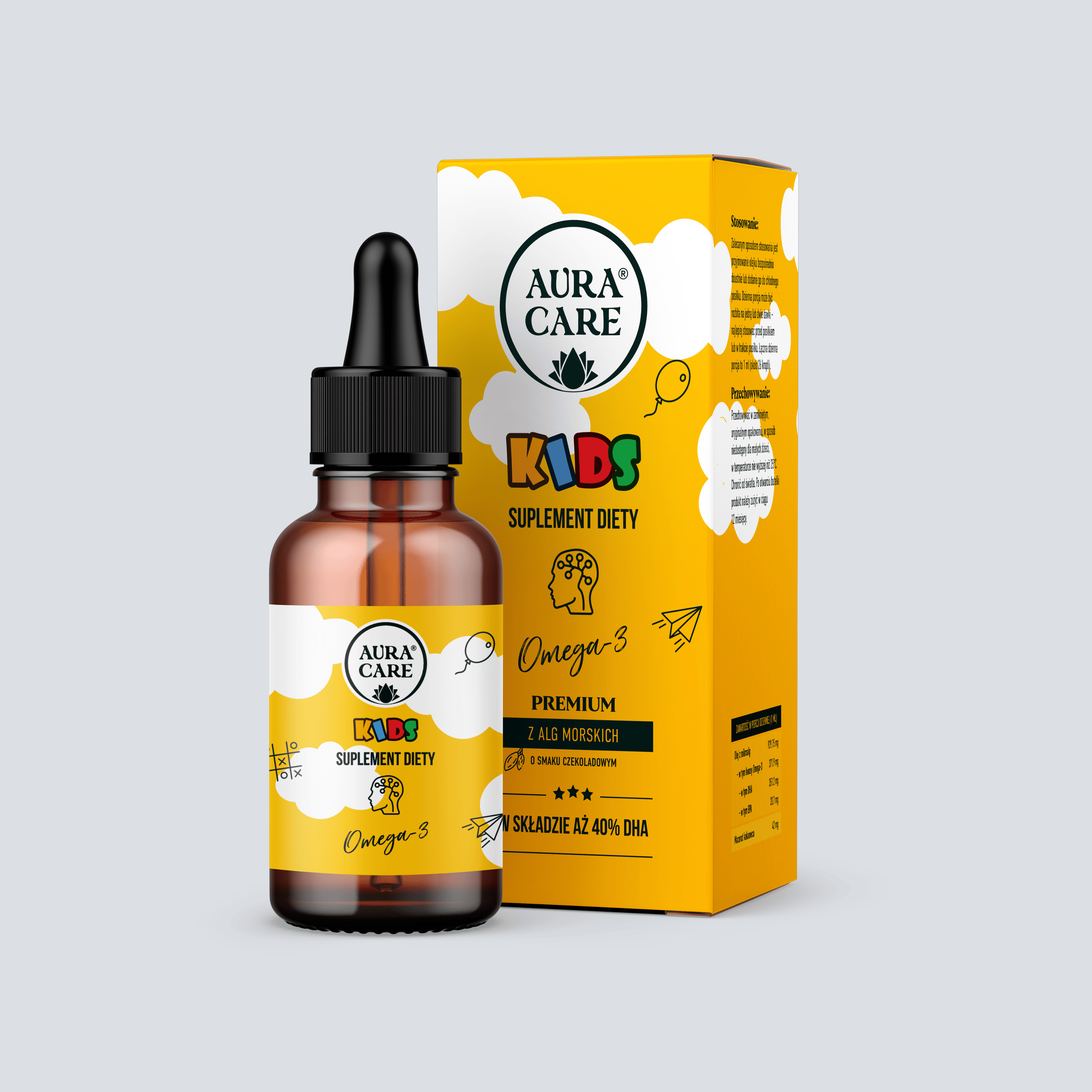 Omega-3 dla dzieci Kakaowiec, Omega-3 (EPA, 40% DHA) Kwasy Omega-3 Aura Care KIDS | 50 ml