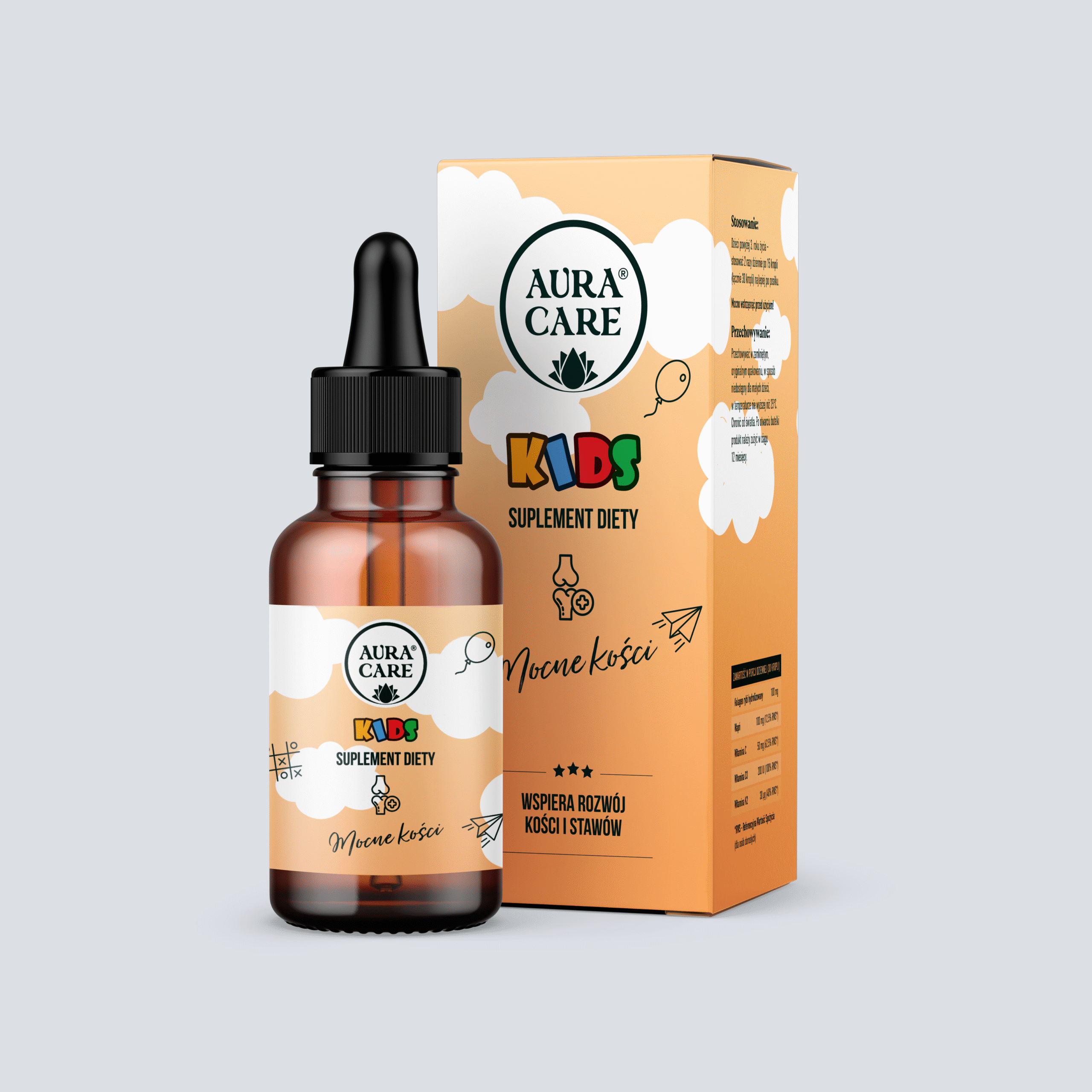 Mocne kości dla dzieci Kolagen rybi hydrolizowany, Wapń z czerwonych alg, Witamina C, Witamina D3, Witamina K2 Adaptogeny Aura Care KIDS | 50 ml