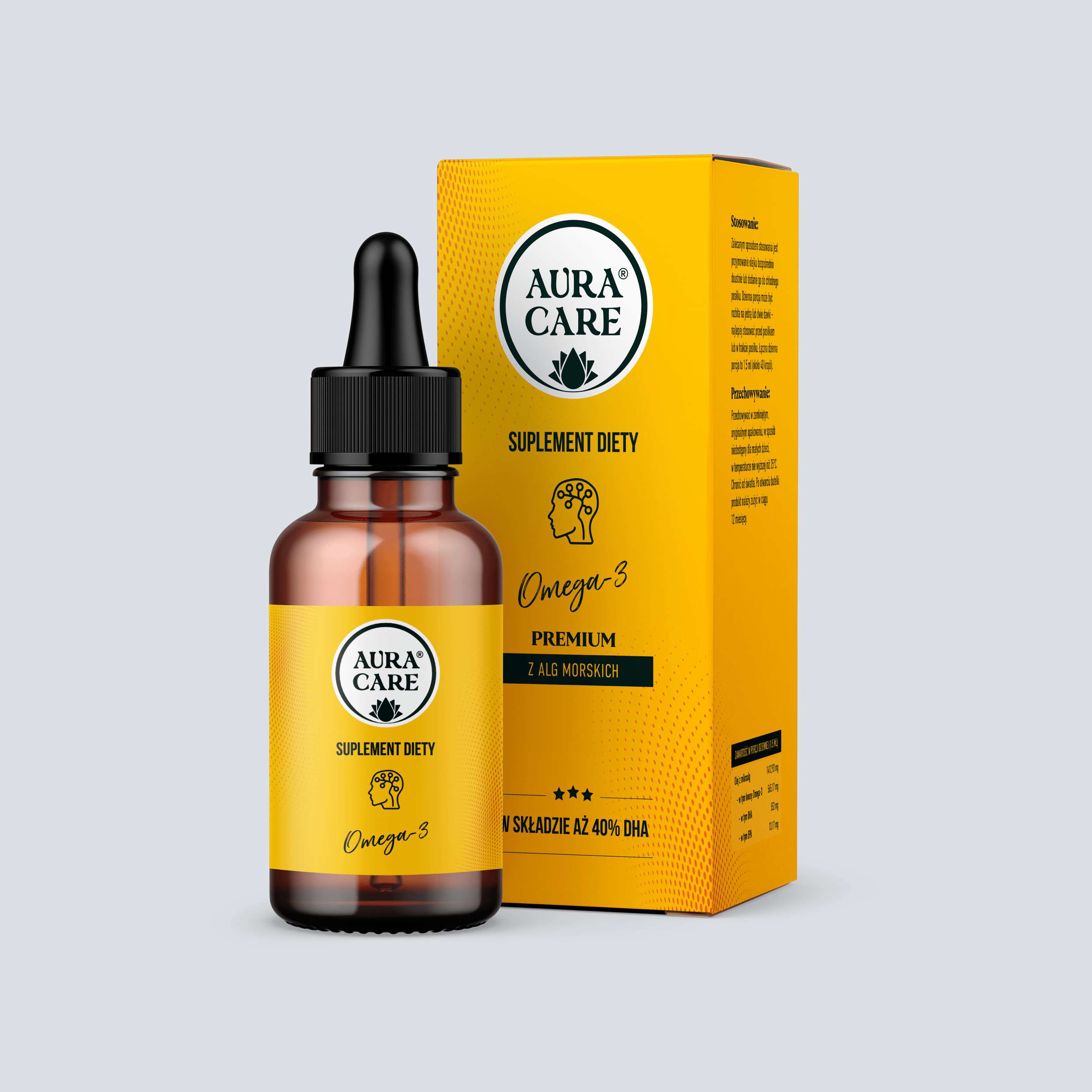 Omega-3 Omega-3 (EPA, 40% DHA), Witamina E, Witamina C Kwasy Omega-3 Aura Care | 50 ml