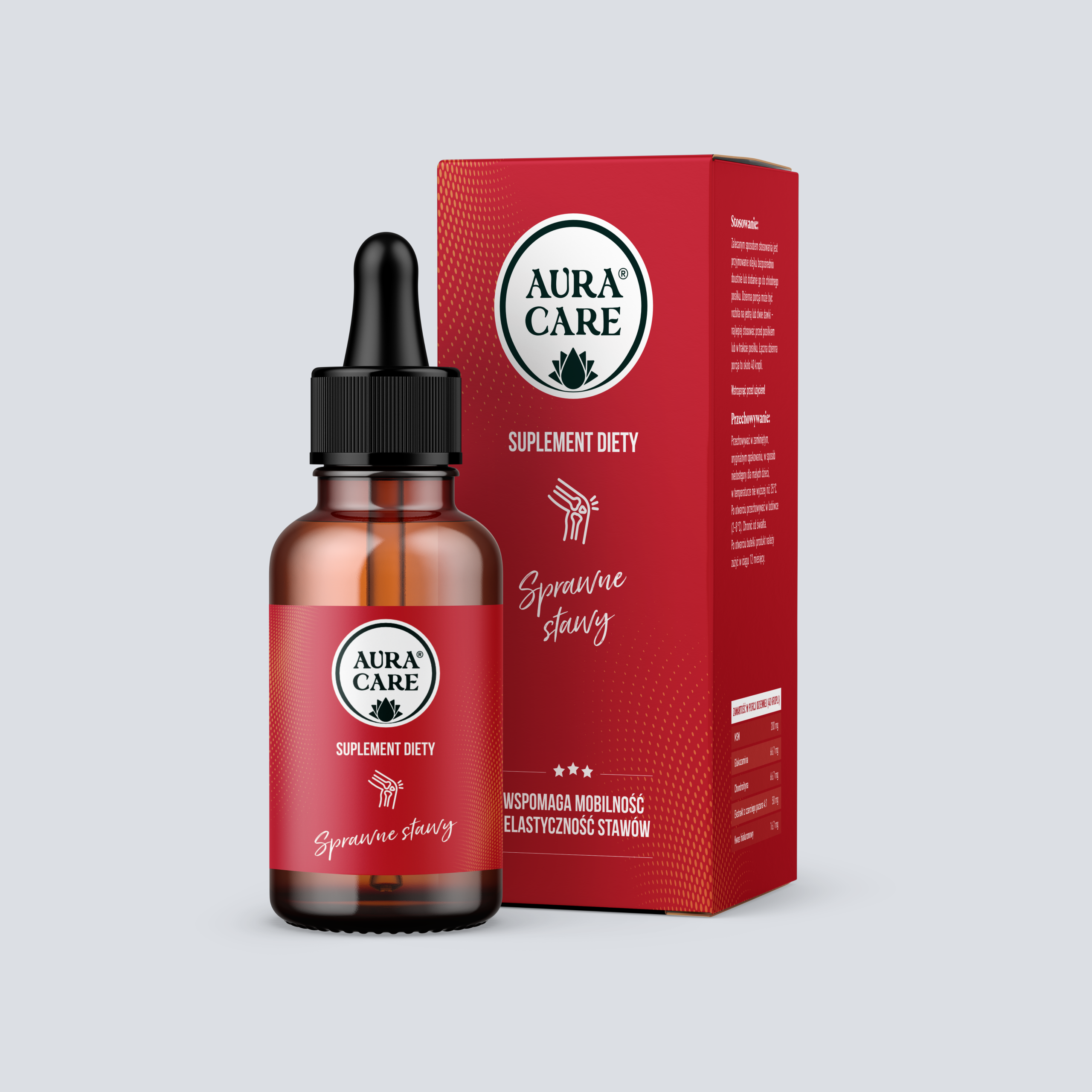 Sprawne stawy MSM, Glukozamina, Chondroityna, Ekstrakt z czarciego pazura, Kwas hialuronowy Adaptogeny Aura Care | 50 ml