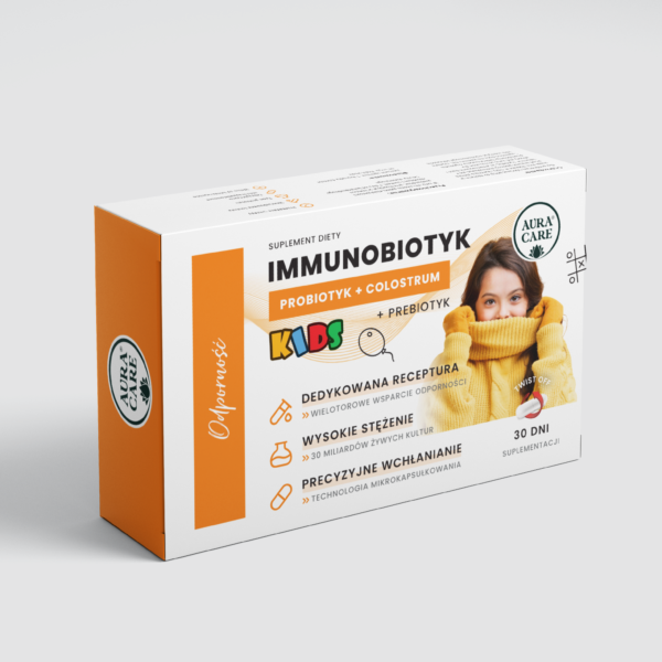 Odporność Kids Immunobiotyk + prebiotyk, żywe probiotyki Probiotyki Aura Care KIDS | 30 miliardów CFU