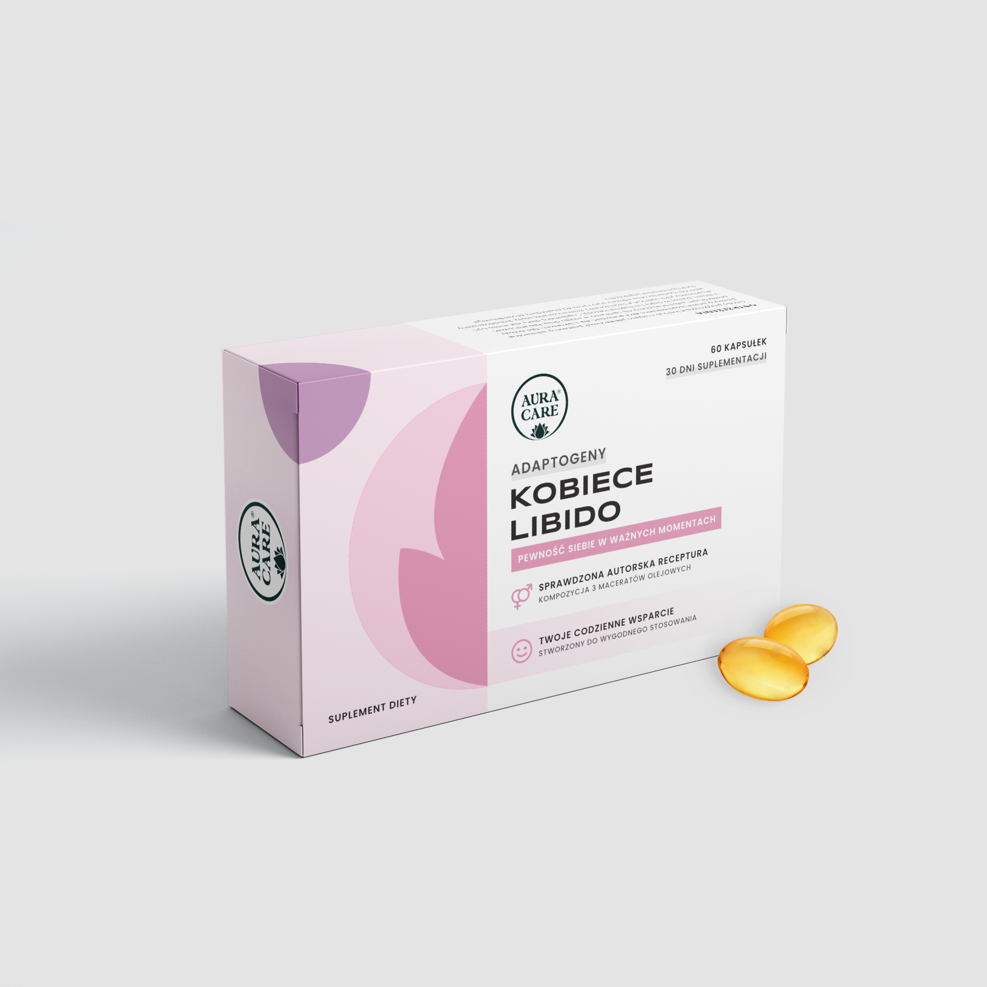 Kobiece libido w kapsułkach Dong quai (Dzięgiel chiński), Liść Damiana, Ashwagandha Adaptogeny Aura Care | 60 kapsułek