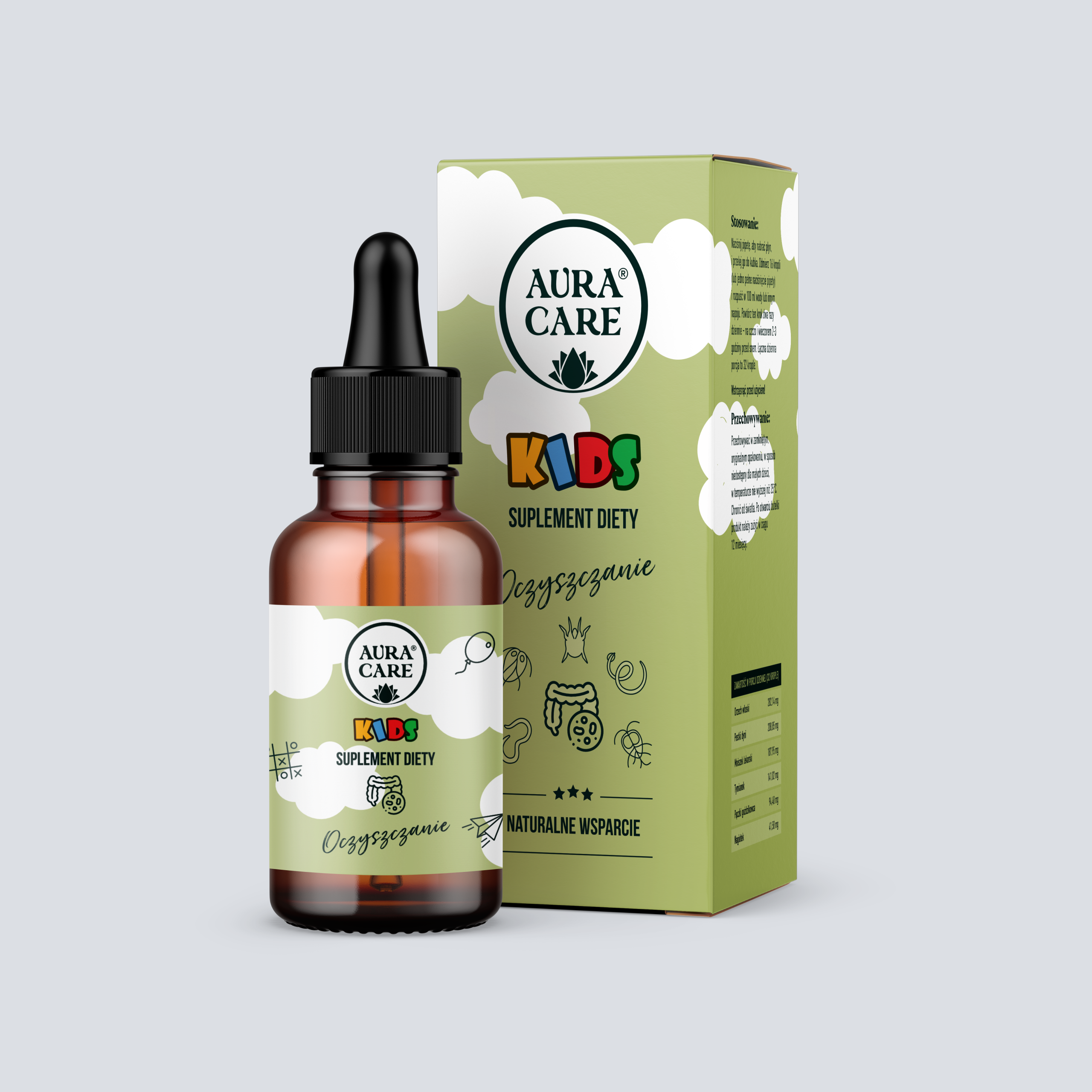 Oczyszczanie dla dzieci Orzech włoski, pestki dyni, mniszek lekarski, tymianek, pączki goździkowca, nagietek Adaptogeny Aura Care KIDS | 50 ml