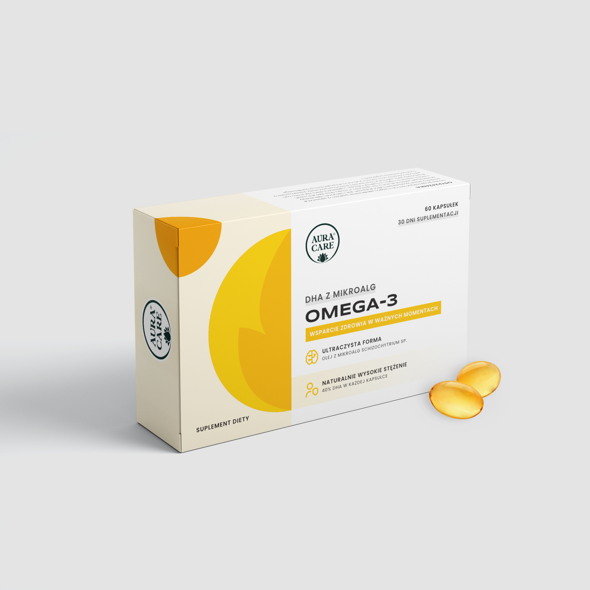 Omega-3 w kapsułkach Omega-3 (EPA, 40% DHA), Witamina E, Witamina C Kwasy Omega-3 Aura Care | 60 kapsułek