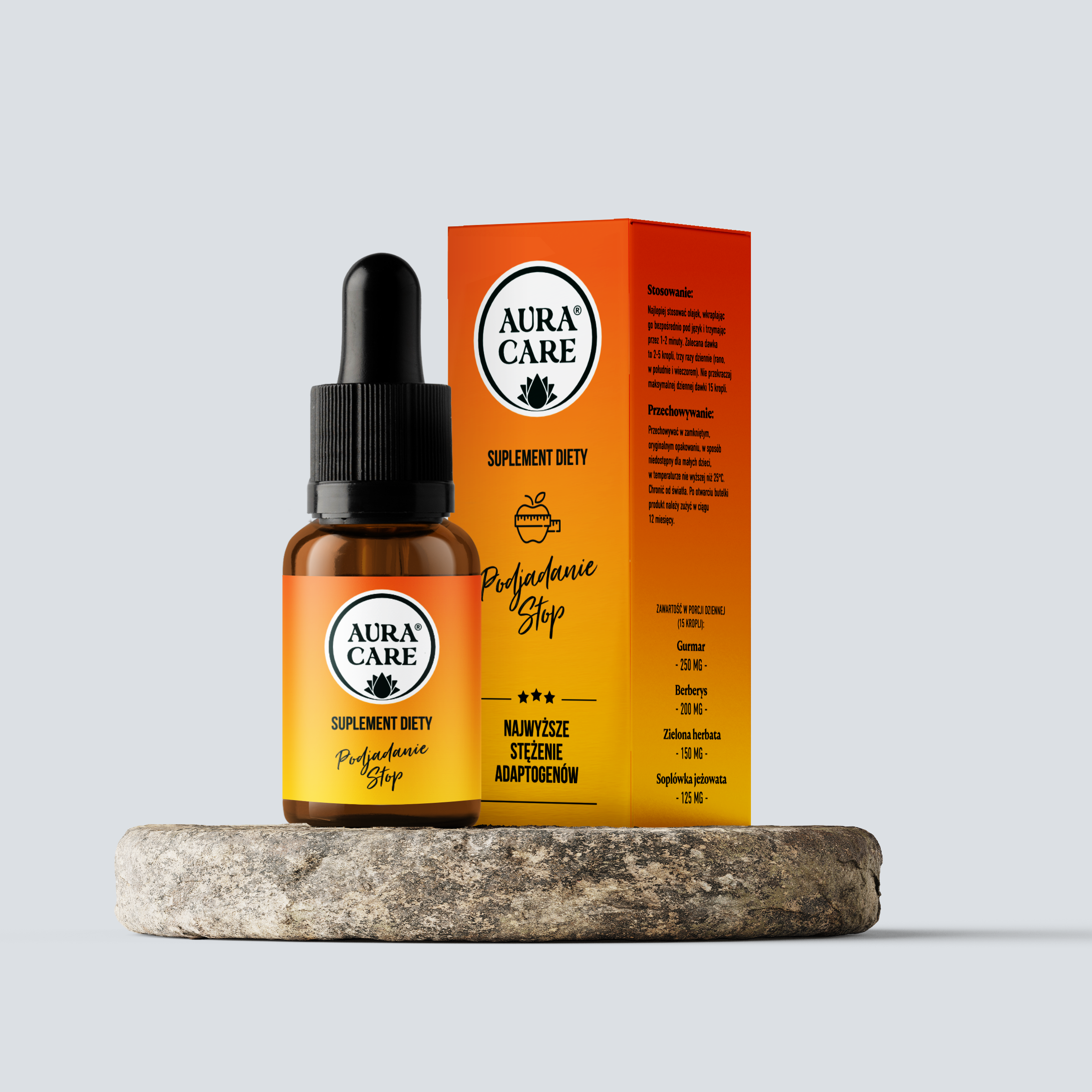 Podjadanie STOP Gurmar, Berberys indyjski, Zielona herbata, Soplówka jeżowata, Olejek eteryczny z grejpfruta Adaptogeny Aura Care | 15ml