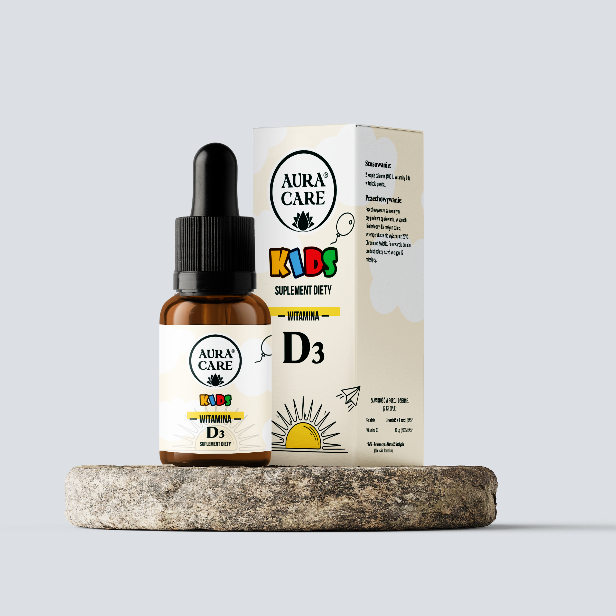 Witamina D3 dla dzieci Silne kości, mocne zęby, naturalna odporność Witaminy Aura Care | 15 ml