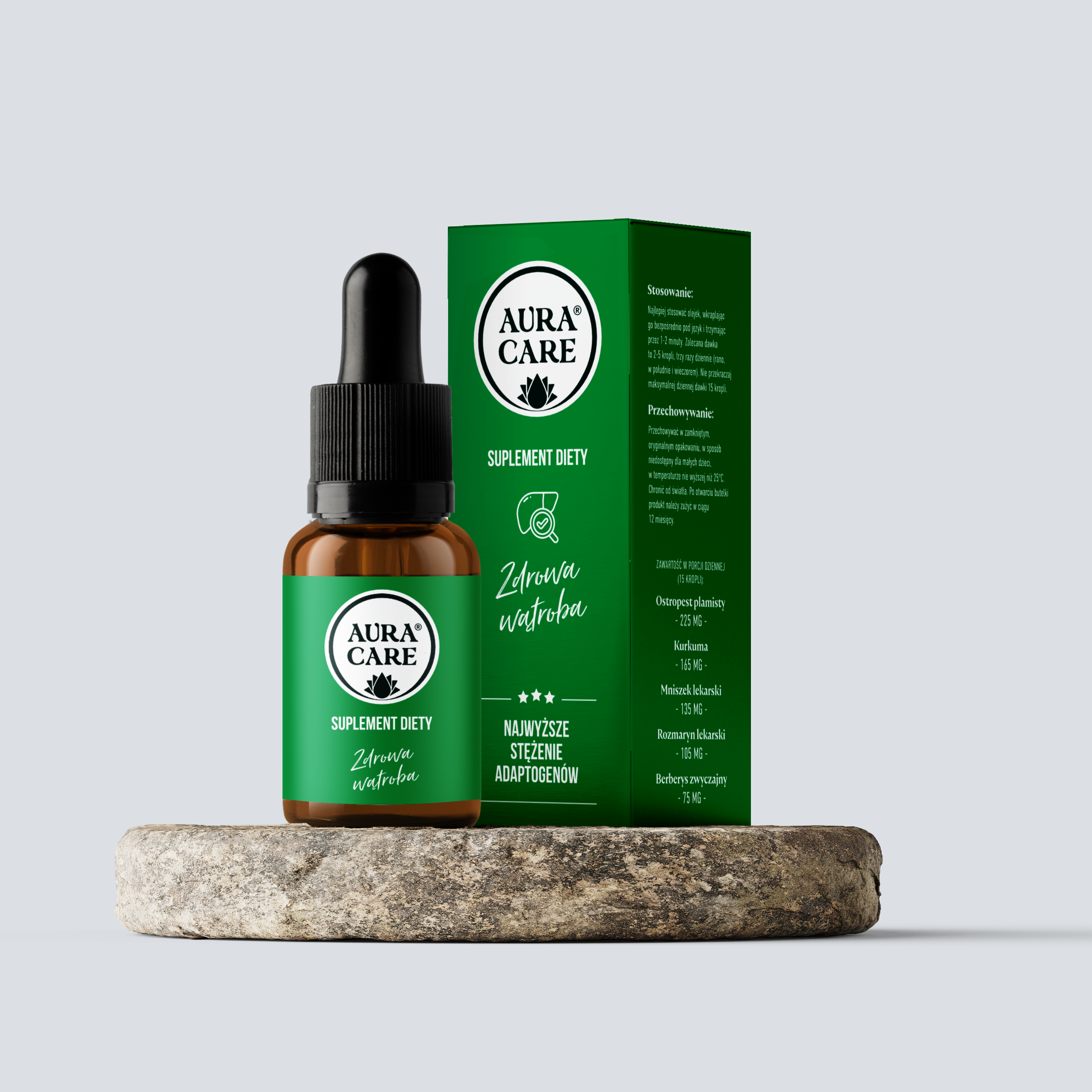 Zdrowa wątroba Ostropest plamisty, Kurkuma, Mniszek lekarski, Rozmaryn lekarski, Berberys zwyczajny Adaptogeny Aura Care | 15ml