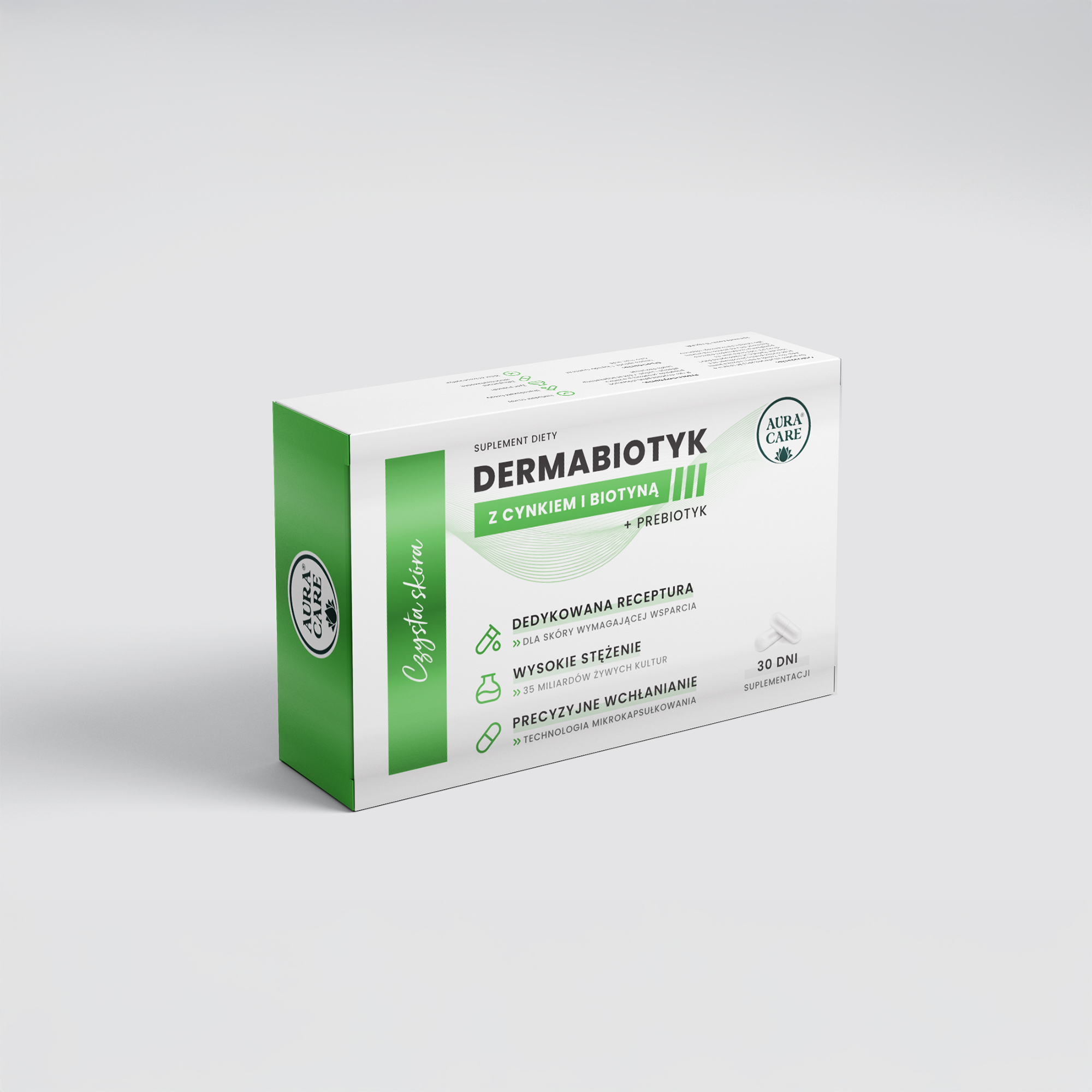 Dermabiotyk na Skórę Dermabiotyk - Czysta skóra z cynkiem i biotyną + prebiotyk, żywe probiotyki Probiotyki Aura Care | 35 miliardów CFU