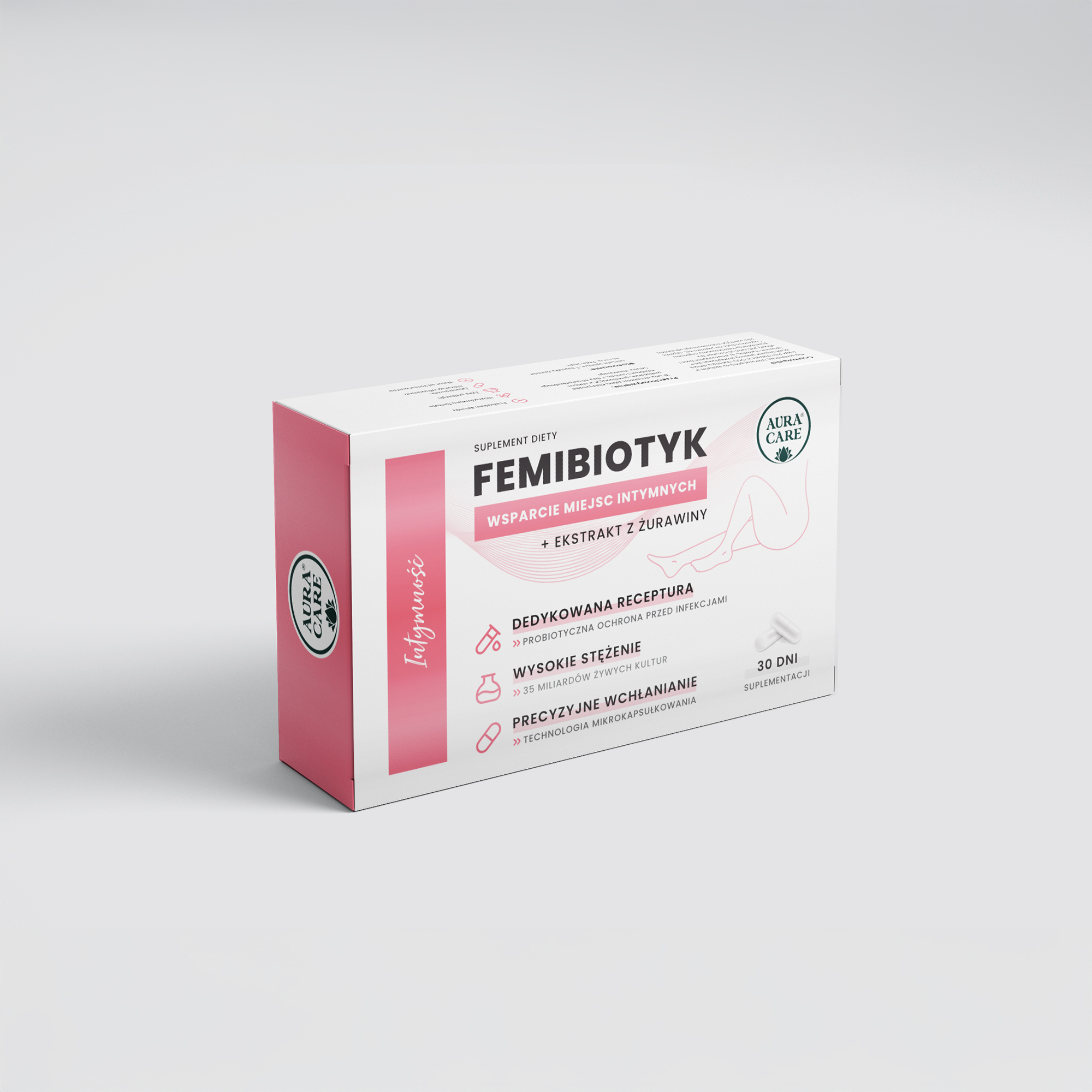 Probiotyk dla kobiet Intymność Femibiotyk + prebiotyk, żywe probiotyki Probiotyki Aura Care | 35 miliardów CFU