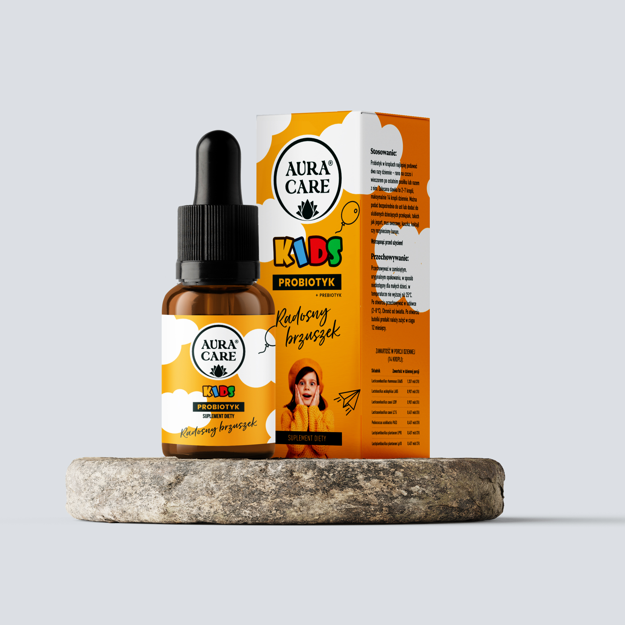 Probiotyk w kroplach Radosny Brzuszek Probiotyk w kroplach, 7 szczepów bakteriiProbiotyki Aura Care KIDS | 15 ml