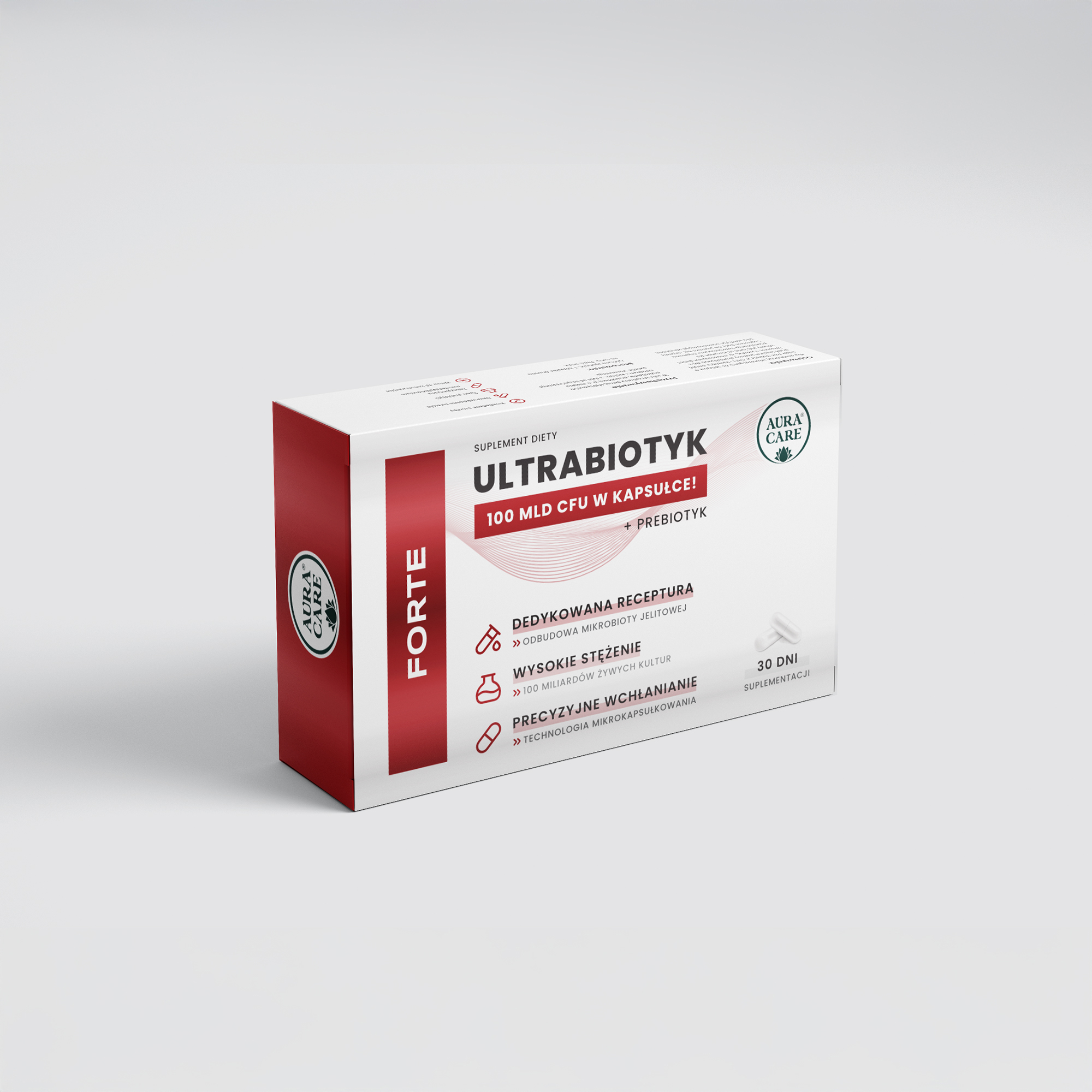 Ultrabiotyk - FORTE Probiotyk + prebiotyk, żywe probiotyki Probiotyki Aura Care | 100 miliardów CFU