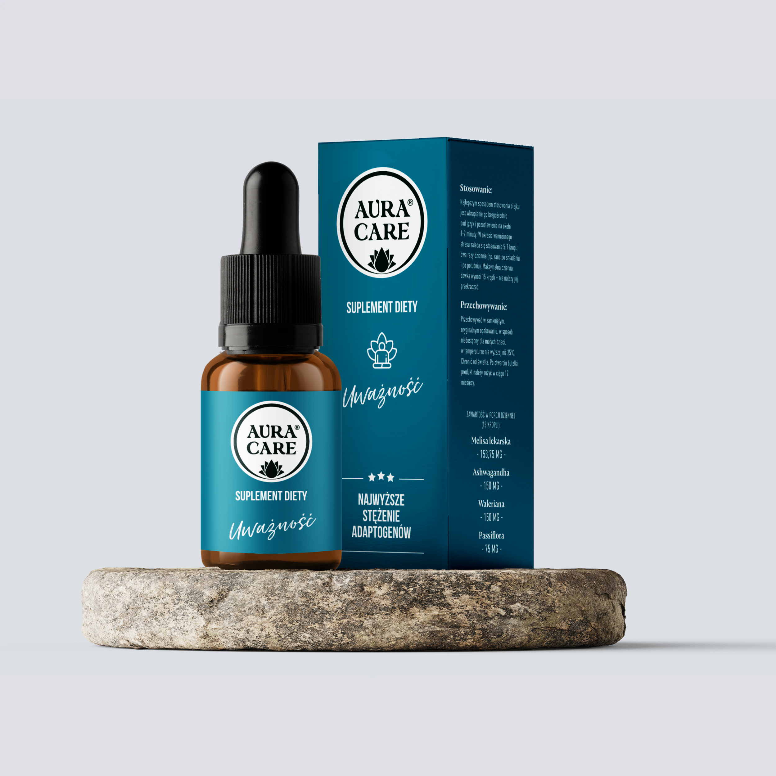 Uważność Passiflora, Melisa, Waleriana, Ashwagandha Adaptogeny Aura Care | 14100 mg