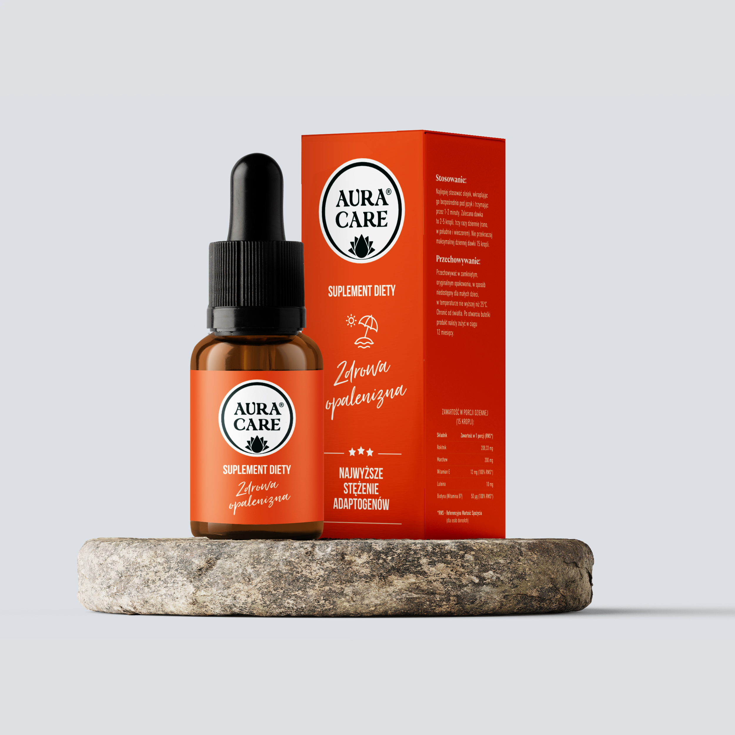 Zdrowa opalenizna Rokitnik, Marchew, Luteina, Witamina E, Biotyna Adaptogeny Aura Care | 14100 mg